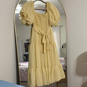 Pink Lily Yellow Midi Dress with Puff Sleeves